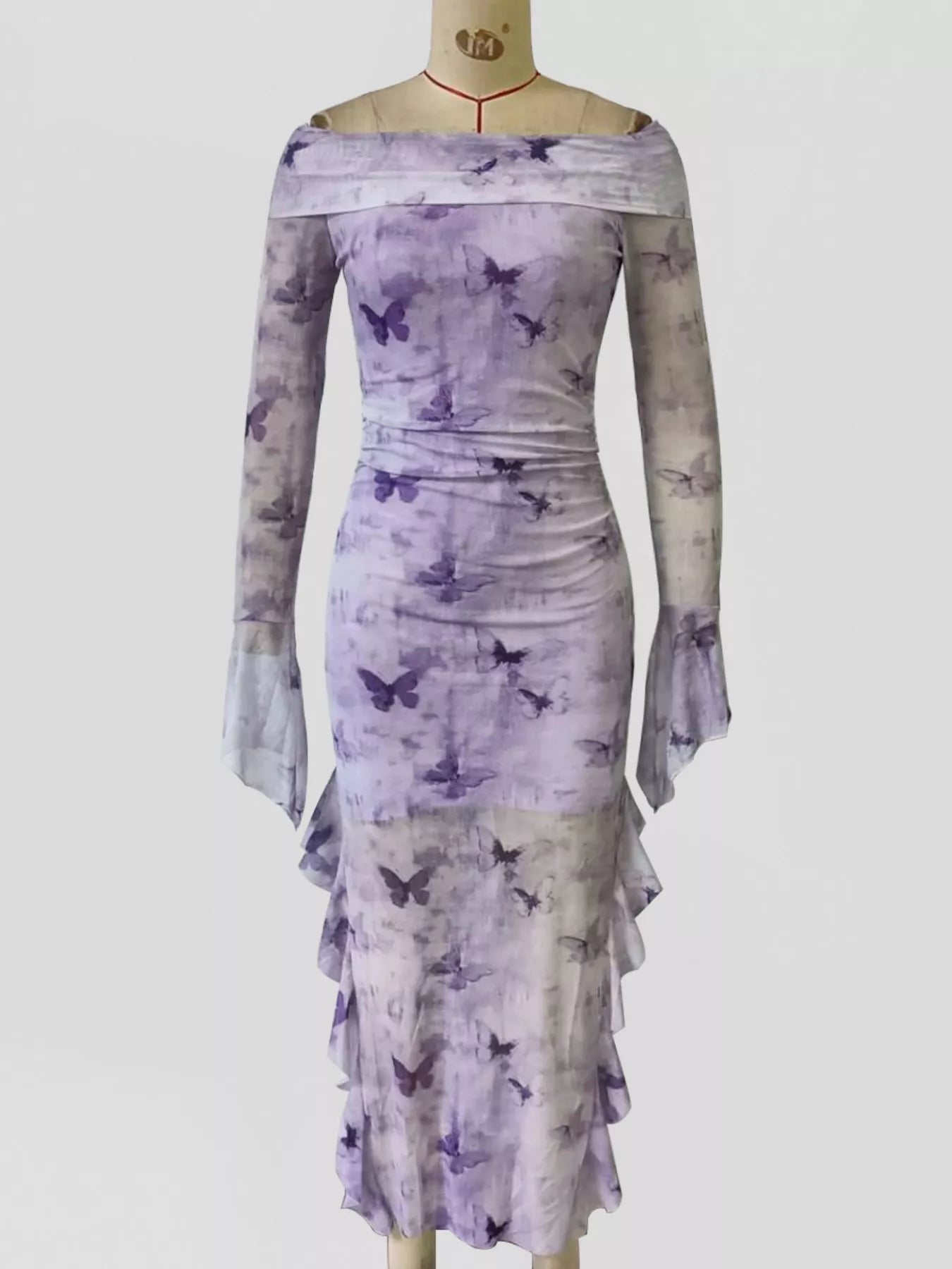 Butterfly Print Off-Shoulder Mesh Mermaid Dress