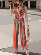 Striped Sleeveless Tie Waist Jumpsuit â€“ Casual Chic One-Piece with Pockets