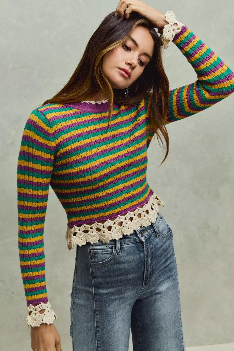 SO ME Mardi Gras Striped Crochet-Trim Cropped Knit Top