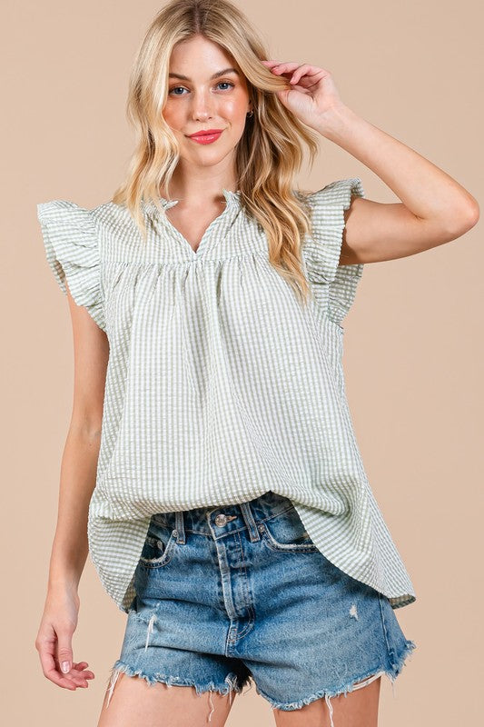 Ces Femme Plaid Notched Ruffled Cap Sleeve Blouse Light Green