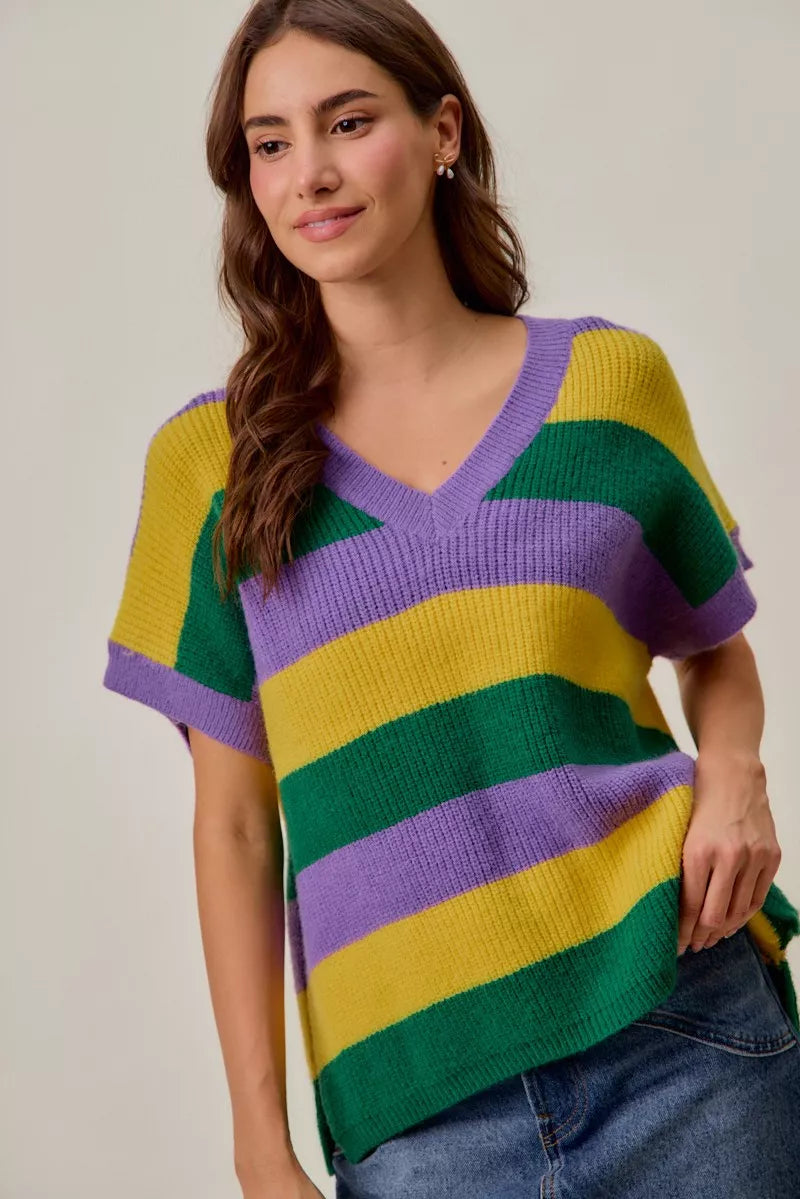 SO ME Mardi Gras Loose-Fit V-Neck Striped Sweater Top