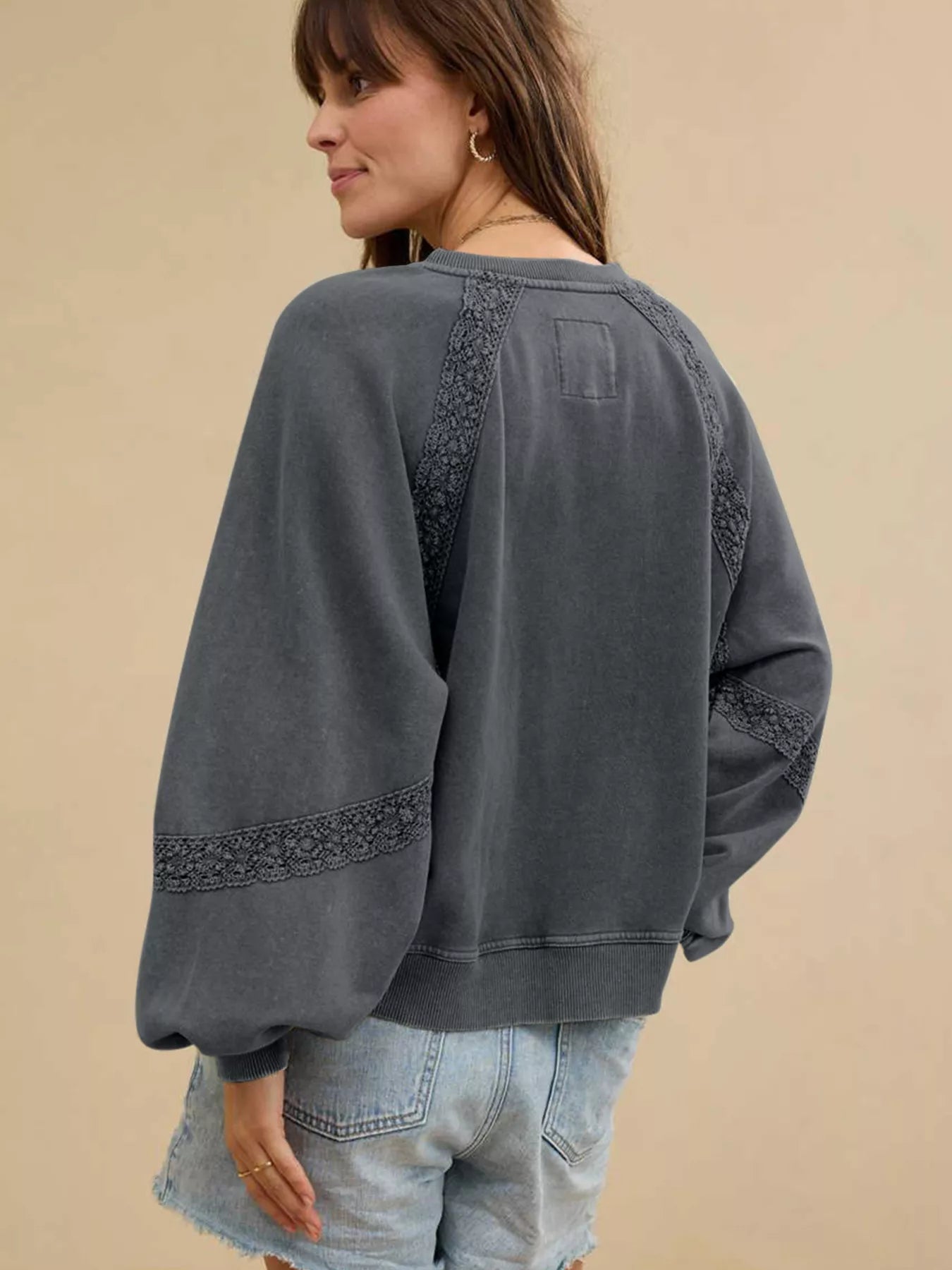 Mineral-Wash Sweatshirt with Lace Patchwork & Notched Neck