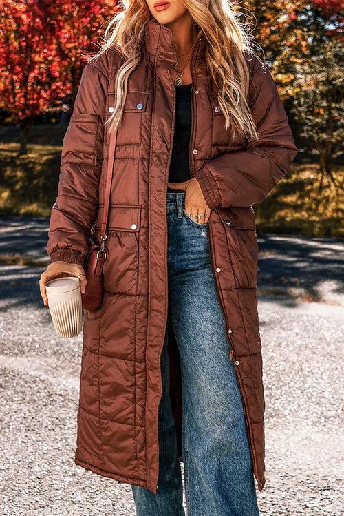 Pocketed Bubble-Texture Longline Winter Coat Brown