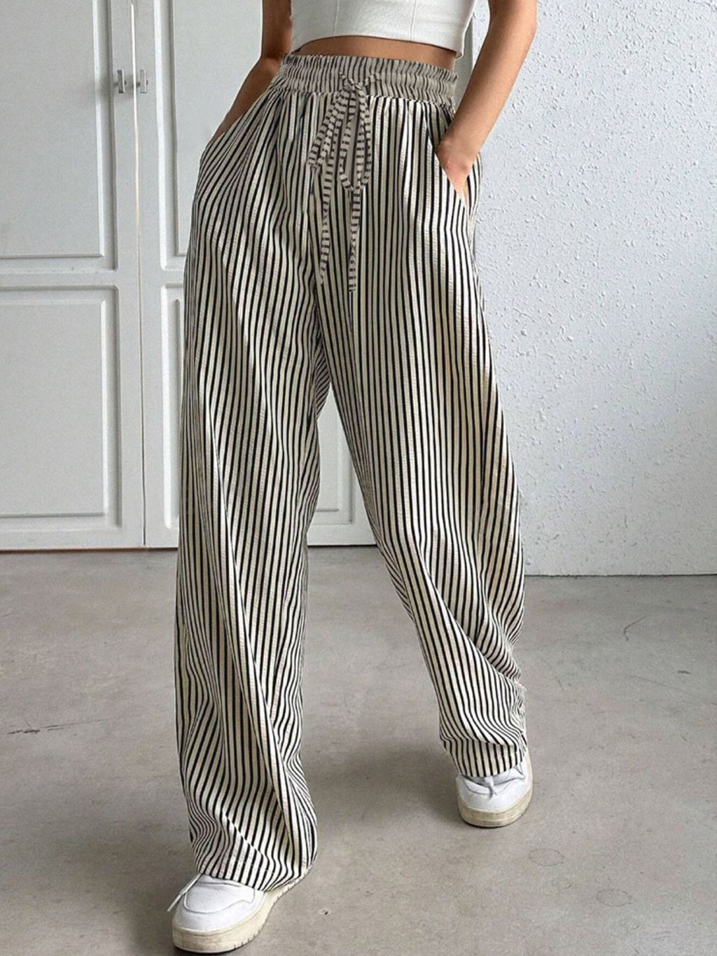 Drawstring Striped Elastic Waist Pants - Casual & Comfortable