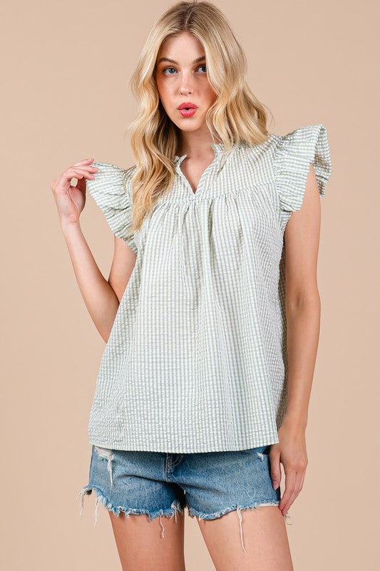 Ces Femme Plaid Notched Ruffled Cap Sleeve Blouse