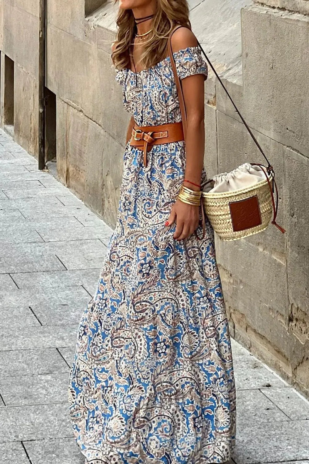 Boho Off-Shoulder Paisley Print Maxi Dress