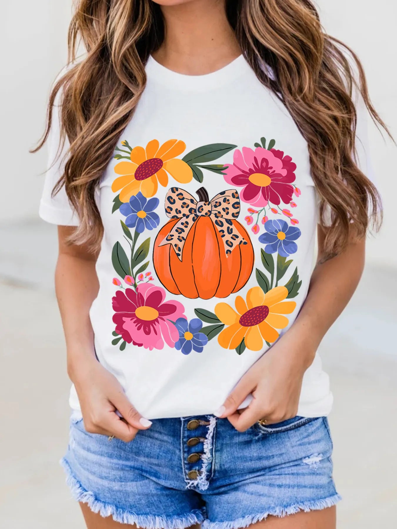 Pumpkin Floral Graphic Round Neck T-Shirt â€“ Soft Stretch & Everyday Style