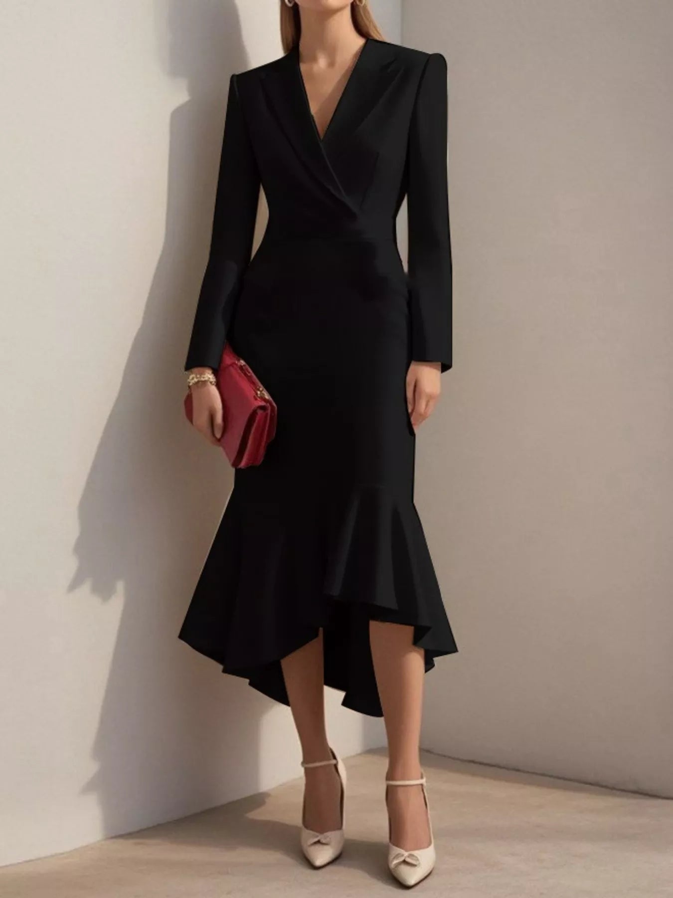Elegant Ruffled Hem Long Sleeve Cotton Blazer Midi Dress Black
