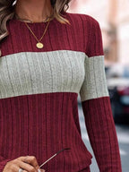 Color Block Round Neck Long Sleeve Sweater â€“ Cozy & Stylish for Fall