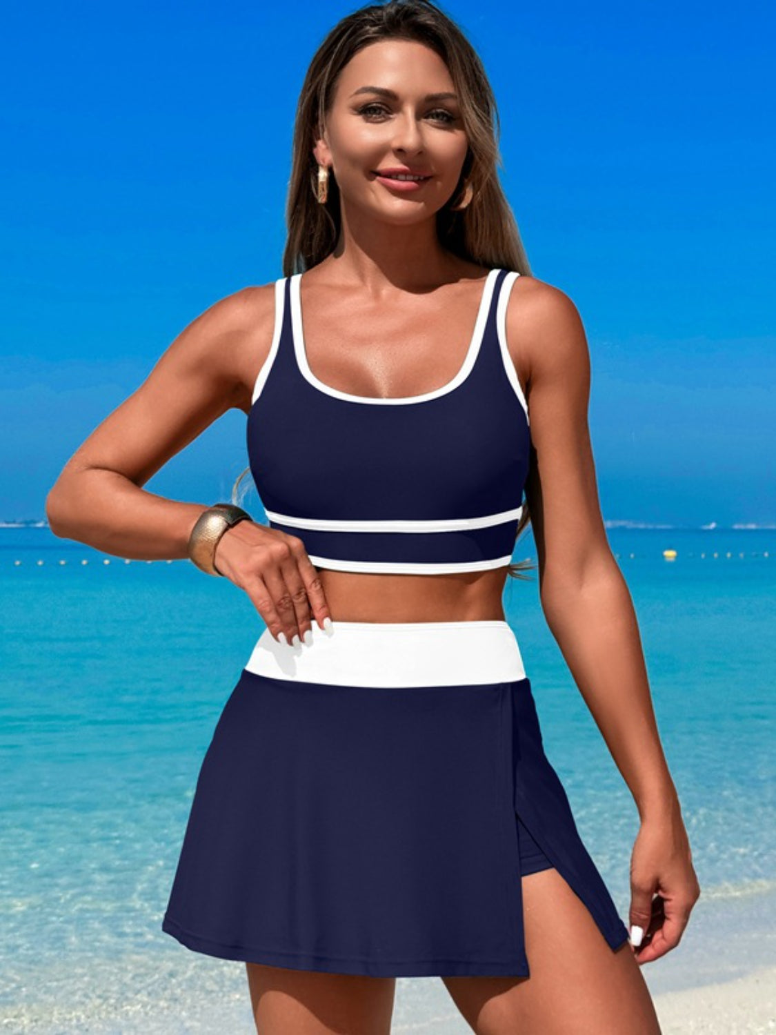 Scoop Neck Swim Set with Skort - Stylish & Comfortable