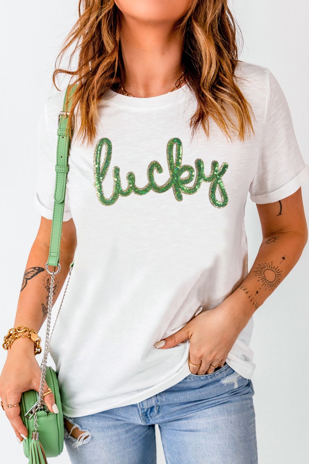 Sequined Lucky St. PatrickÃƒÆ’Ã‚Â¢ÃƒÂ¢Ã¢â‚¬Å¡Ã‚Â¬ÃƒÂ¢Ã¢â‚¬Å¾Ã‚Â¢s Day T-Shirt - Festive & Stylish White