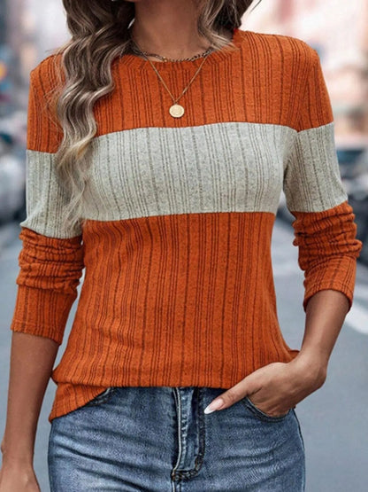 Color Block Round Neck Long Sleeve Sweater â€“ Cozy & Stylish for Fall Orange
