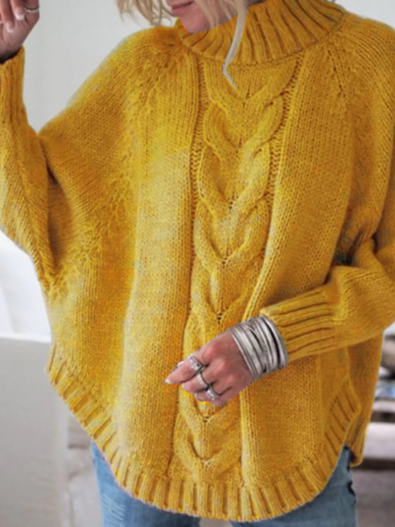 Full-Size Cable-Knit Long Sleeve Sweater (Plus Size) Yellow