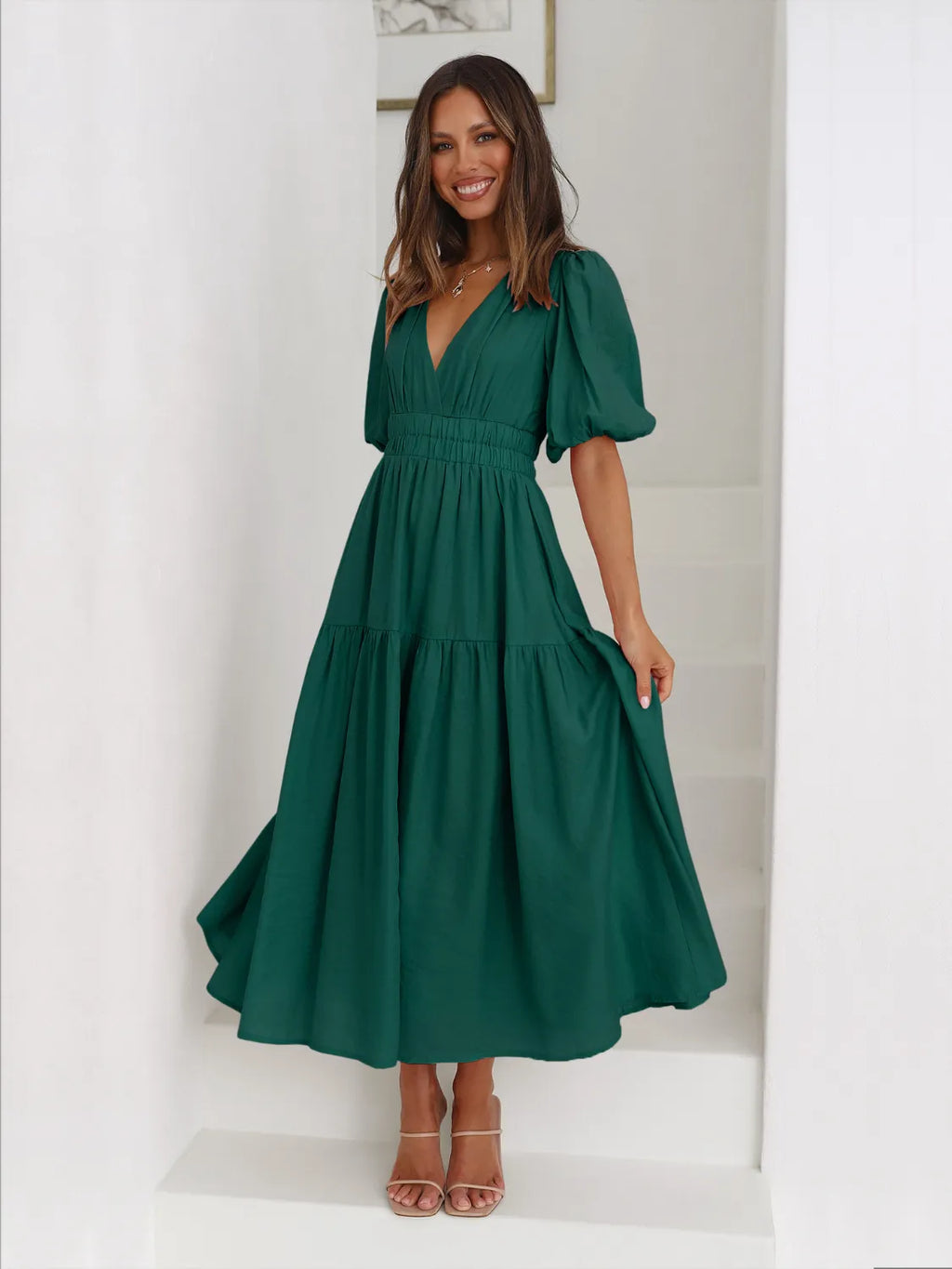 Tiered Surplice Midi Dress with Half Sleeves