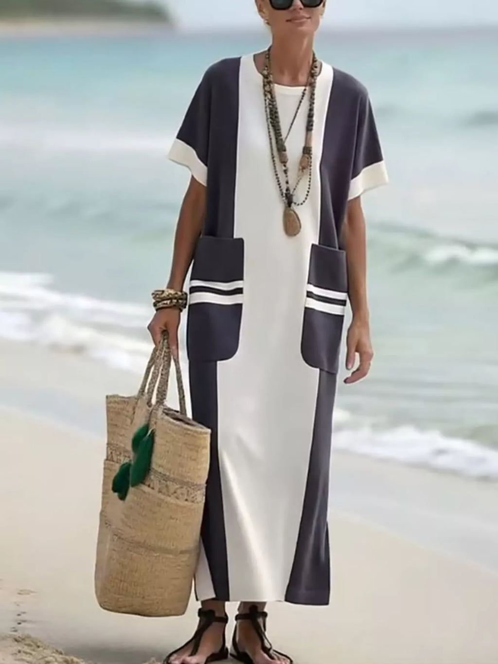 Plus Size Color Block Maxi Dress with Pockets – Oversized Short Sleeve Casual Outfit White