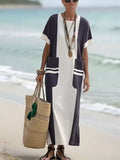 Plus Size Color Block Maxi Dress with Pockets – Oversized Short Sleeve Casual Outfit White