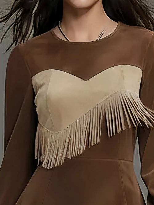 Fringe Trim Lantern Sleeve Mini Dress