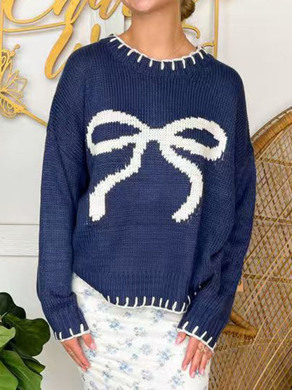 Bow Round Neck Long Sleeve Knit Sweater