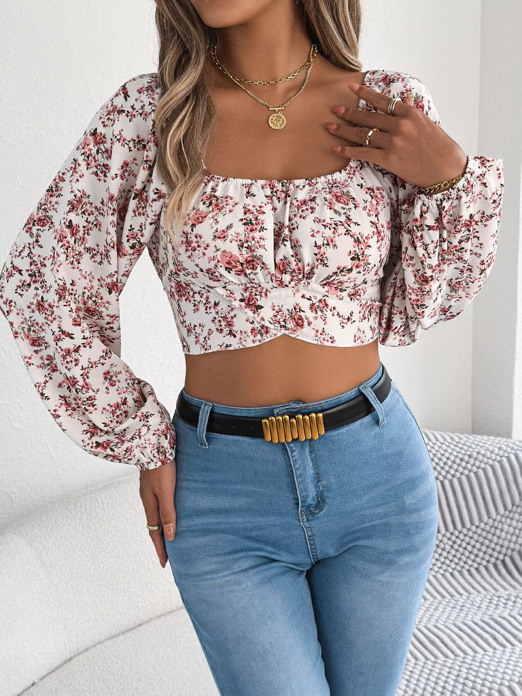Floral Square Neck Ruched Crop Blouse with Balloon Sleeves