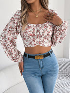 Floral Square Neck Ruched Crop Blouse with Balloon Sleeves