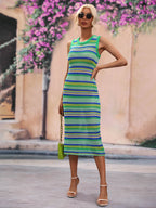 CoastEase Striped Sleeveless Round Neck Cover-Up Midi Dress