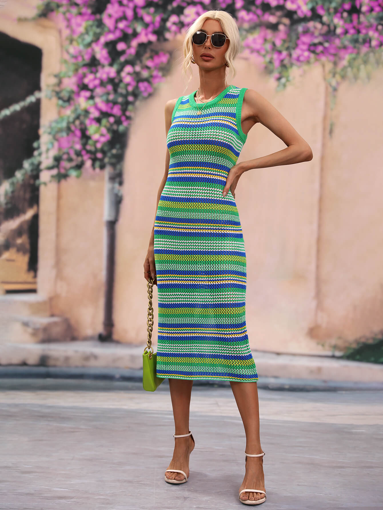 CoastEase Striped Sleeveless Round Neck Cover-Up Midi Dress