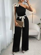 One-Shoulder Bowknot Wide-Leg Belted Jumpsuit