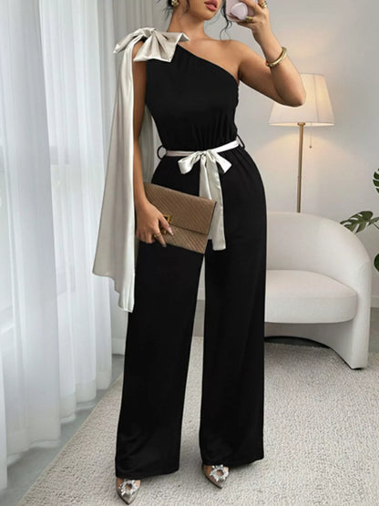 One-Shoulder Bowknot Wide-Leg Belted Jumpsuit