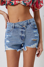High-Rise Crossover Waist Denim Shorts - Distressed & Stylish