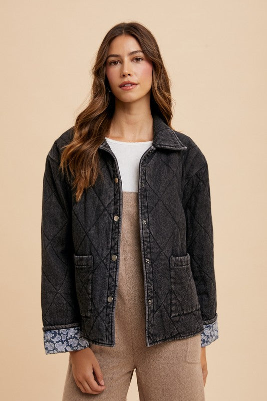 Annie Wear Quilted Printed Lining Snap-Down Denim Jacket