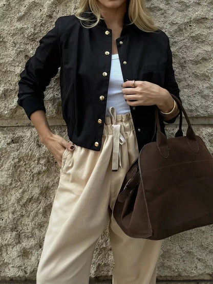 Snap-Down Cropped Bomber Jacket Black