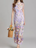Embroidered Mesh Overlay Maxi Dress – Lined Evening Wear with Zipper Closure Violet