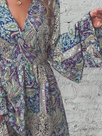 Paisley Print V-Neck Ruffled Flounce Sleeve Dress