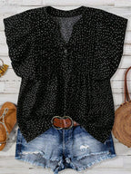 Polka Dot Ruffled Cap Sleeve Blouse - Chic & Feminine Black
