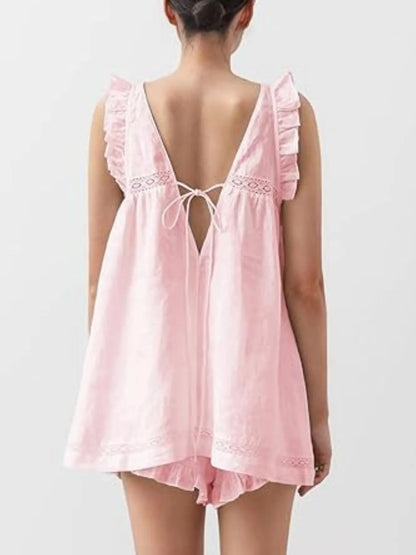 Ruffled V-Neck Top & High-Waist Shorts Co-Ord Set