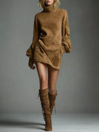 Full-Size Suede Turtleneck Lantern Sleeve Mini Dress Brown