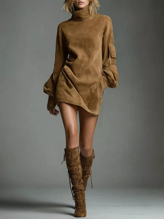 Full-Size Suede Turtleneck Lantern Sleeve Mini Dress Brown