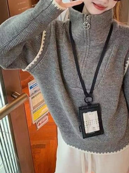 Ribbed High-Neck Half-Zip Sweater