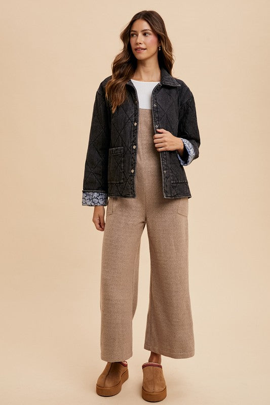 Annie Wear Quilted Printed Lining Snap-Down Denim Jacket