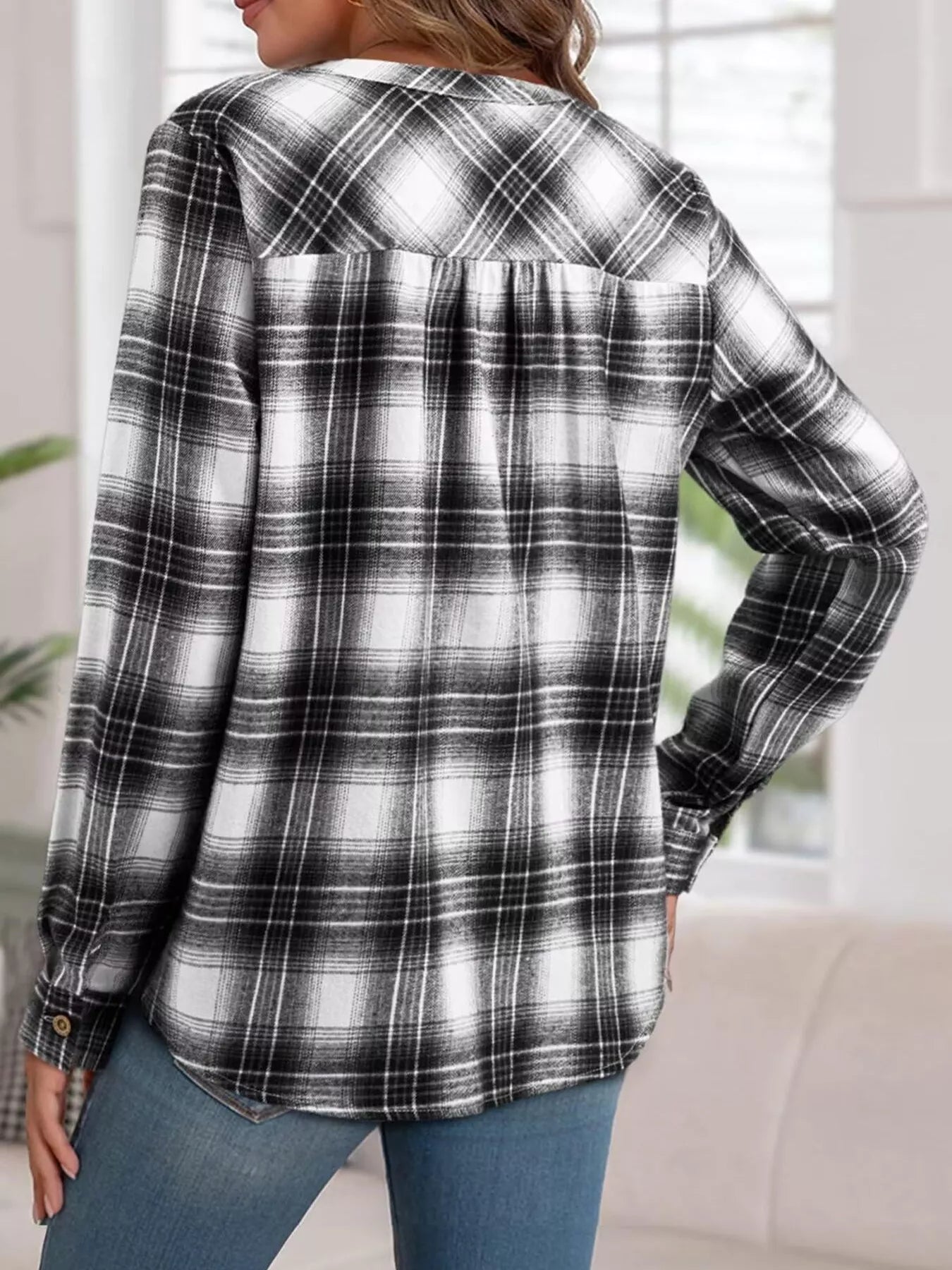 Classic Plaid Half Button Long Sleeve Blouse