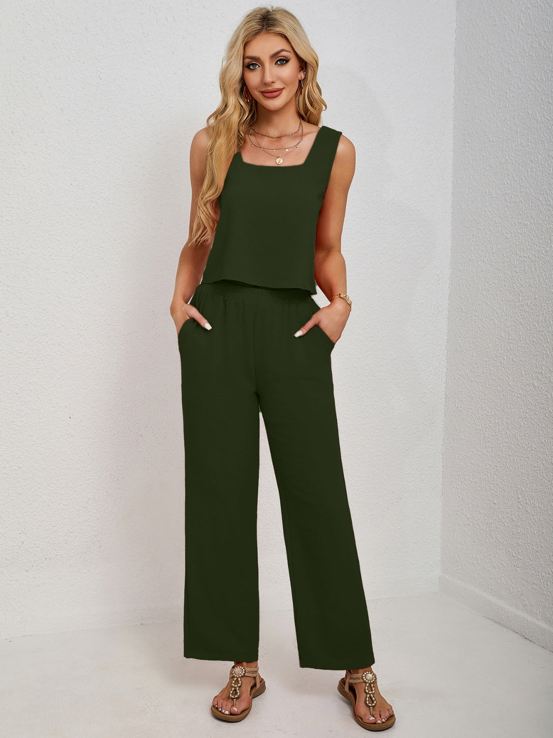 Square Neck Tank & Wide-Leg Pants Set - Chic & Versatile