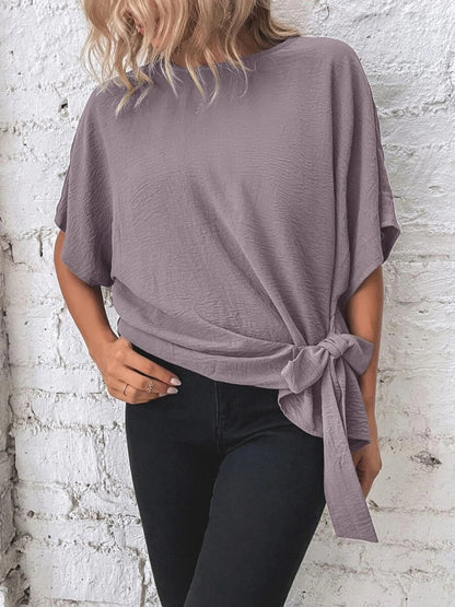 Knotted Round Neck Blouse with Half Sleeves and Button Detail