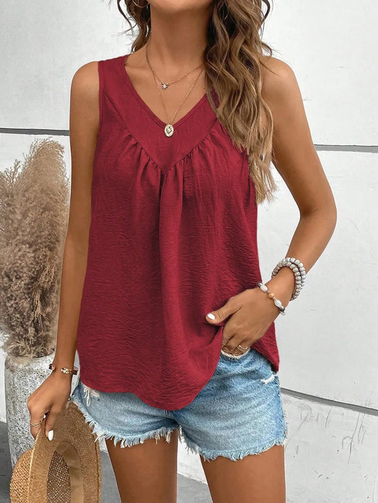 V-Neck Ruched Tank – Chic Sleeveless Top for Effortless Style Deep Red