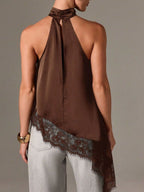 Asymmetrical Lace-Trim Halter Neck Cami Top
