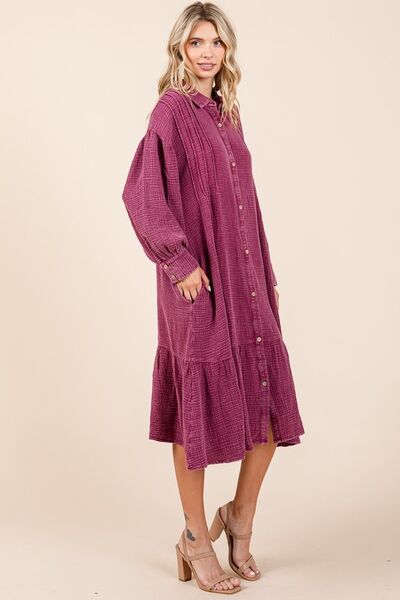 Mittoshop Mineral Wash Cotton Gauze Ruffle Midi Shirt Dress