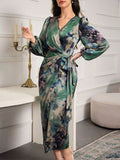 Printed Tie-Waist Balloon Sleeve Midi Dress Green