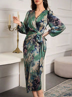 Printed Tie-Waist Balloon Sleeve Midi Dress Green