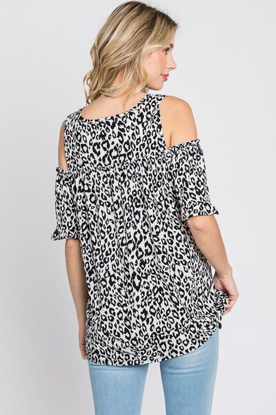 Heimish Full Size Leopard Print Cold Shoulder T-Shirt