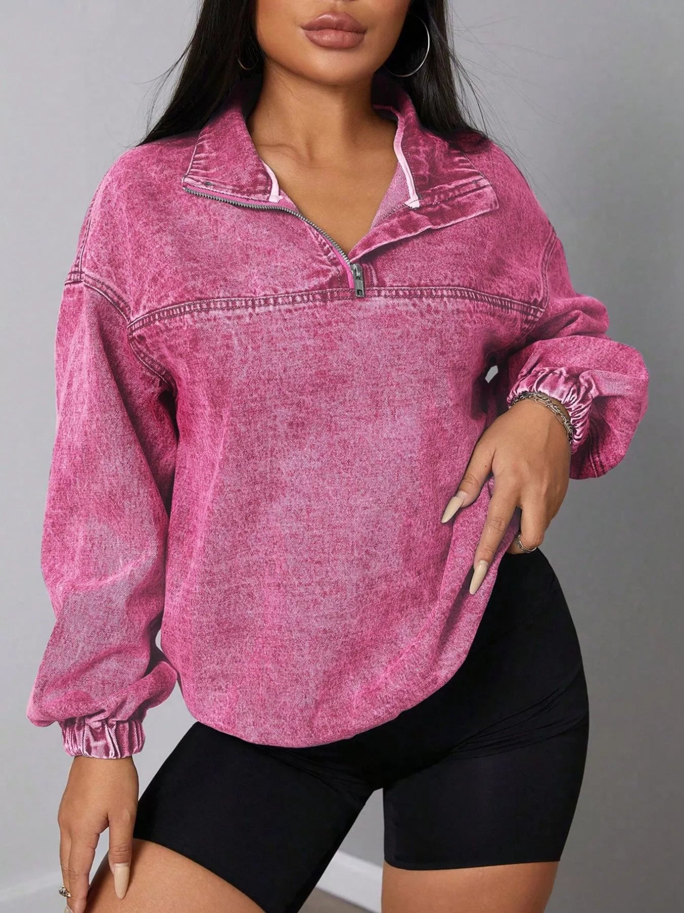 Zip Collar Long Sleeve Denim Shirt Top