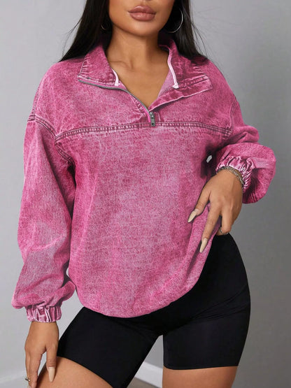 Zip Collar Long Sleeve Denim Shirt Top